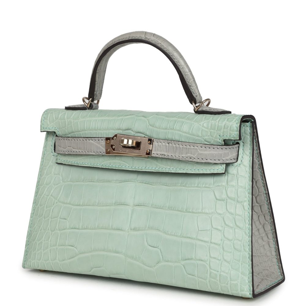 Hermes Special Order (HSS) Kelly Sellier 20 Vert D'Eau and Gris Perle Matte Alligator Permabrass Hardware - Image 5
