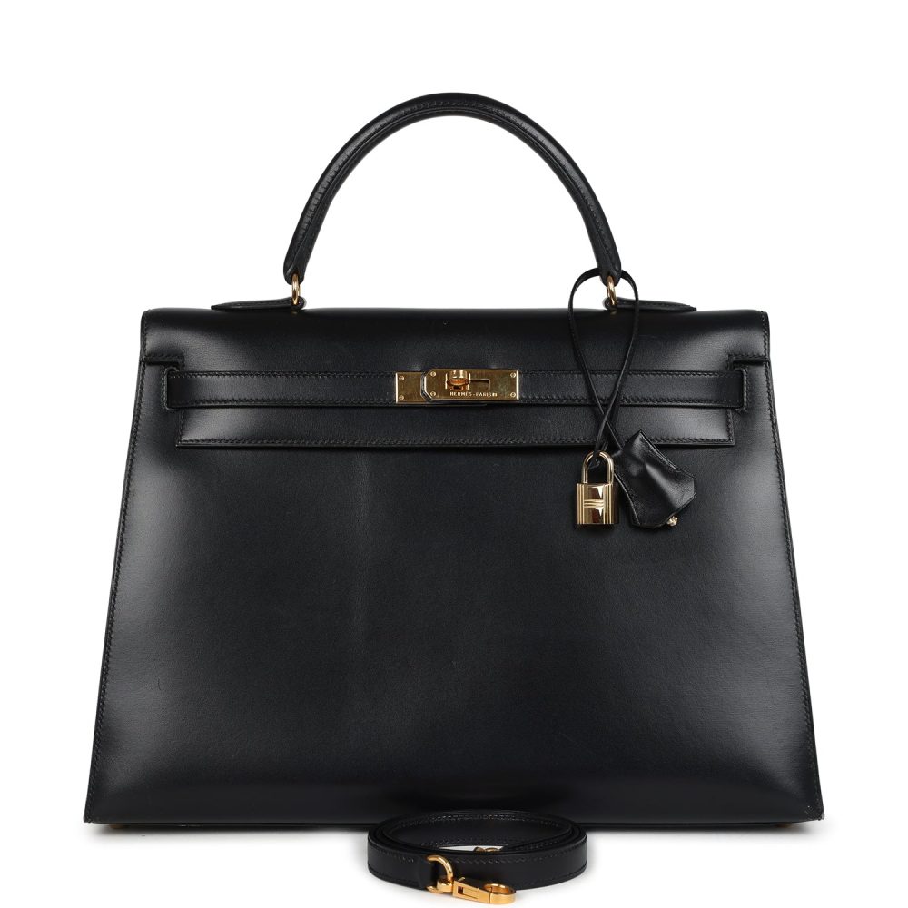 Vintage Hermes Kelly Sellier 35 Black Box Gold Hardware