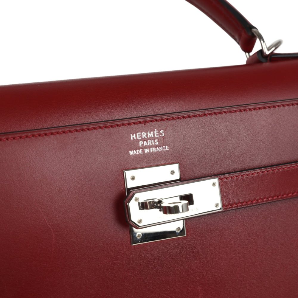 Vintage Hermes Kelly Sellier 35 Rouge H Box Palladium Hardware - Image 7