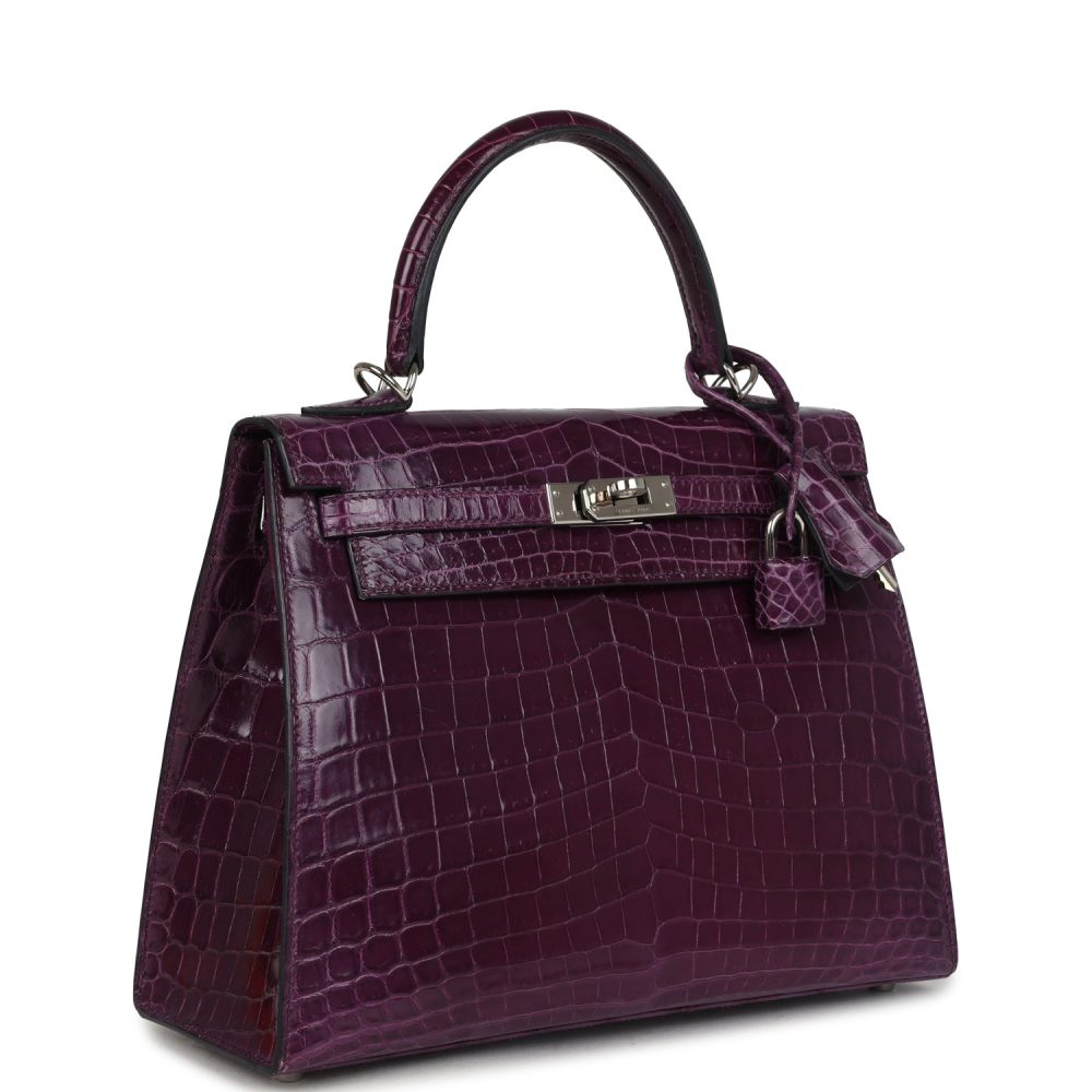 Pre-owned Hermes Kelly Sellier 25 Amethyst Shiny Niloticus Crocodile Palladium Hardware - Image 2