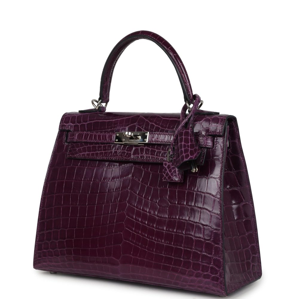 Pre-owned Hermes Kelly Sellier 25 Amethyst Shiny Niloticus Crocodile Palladium Hardware - Image 5