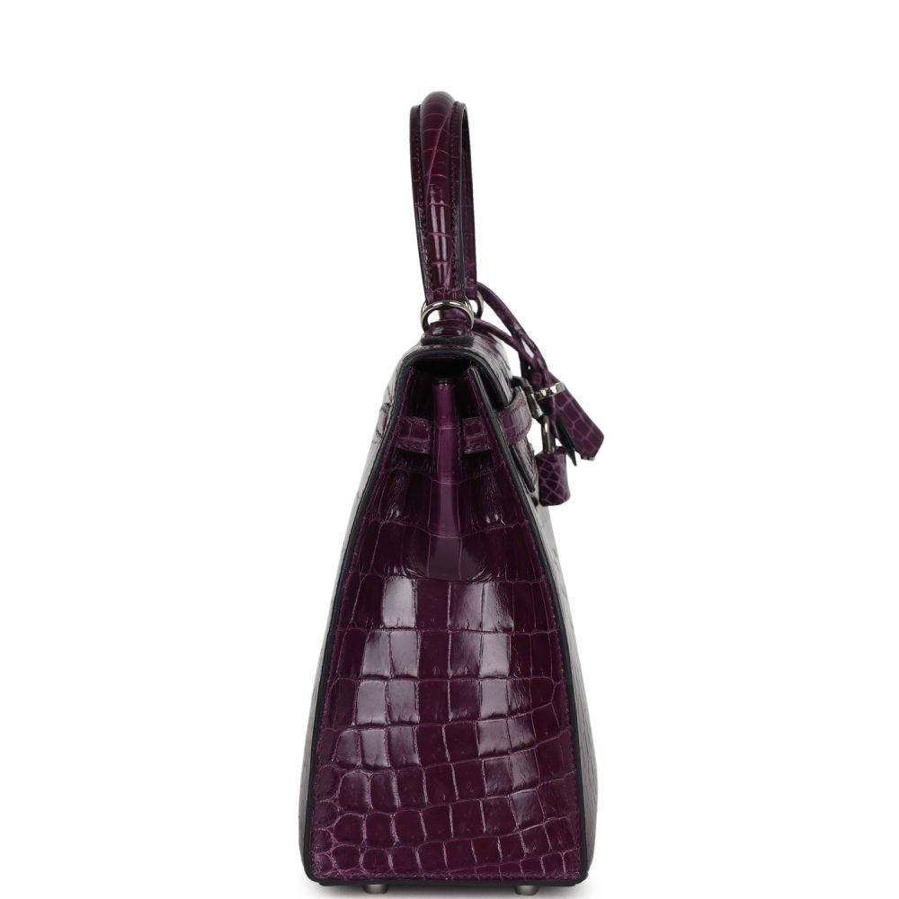 Pre-owned Hermes Kelly Sellier 25 Amethyst Shiny Niloticus Crocodile Palladium Hardware - Image 3