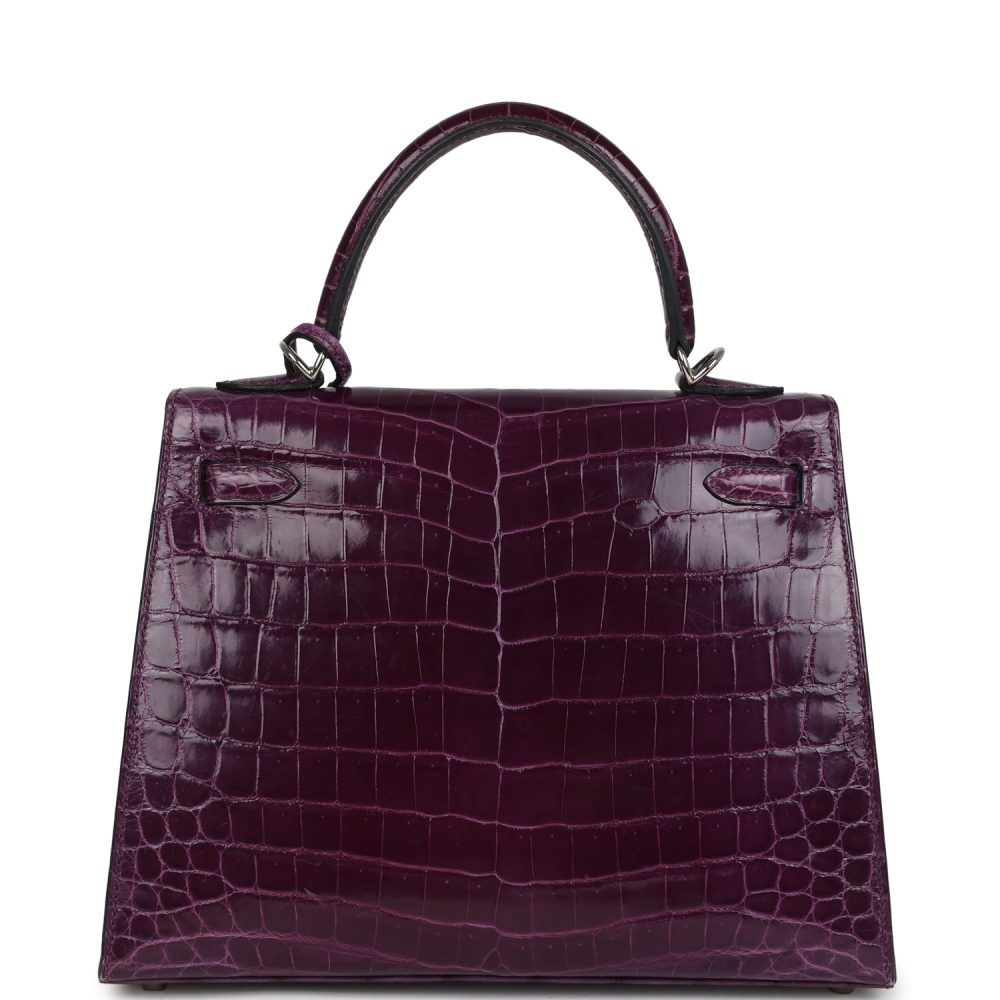 Pre-owned Hermes Kelly Sellier 25 Amethyst Shiny Niloticus Crocodile Palladium Hardware - Image 4