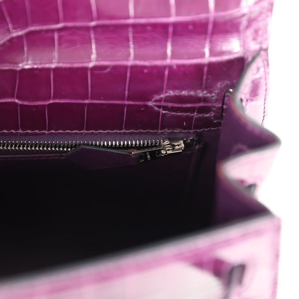 Pre-owned Hermes Kelly Sellier 25 Amethyst Shiny Niloticus Crocodile Palladium Hardware - Image 9