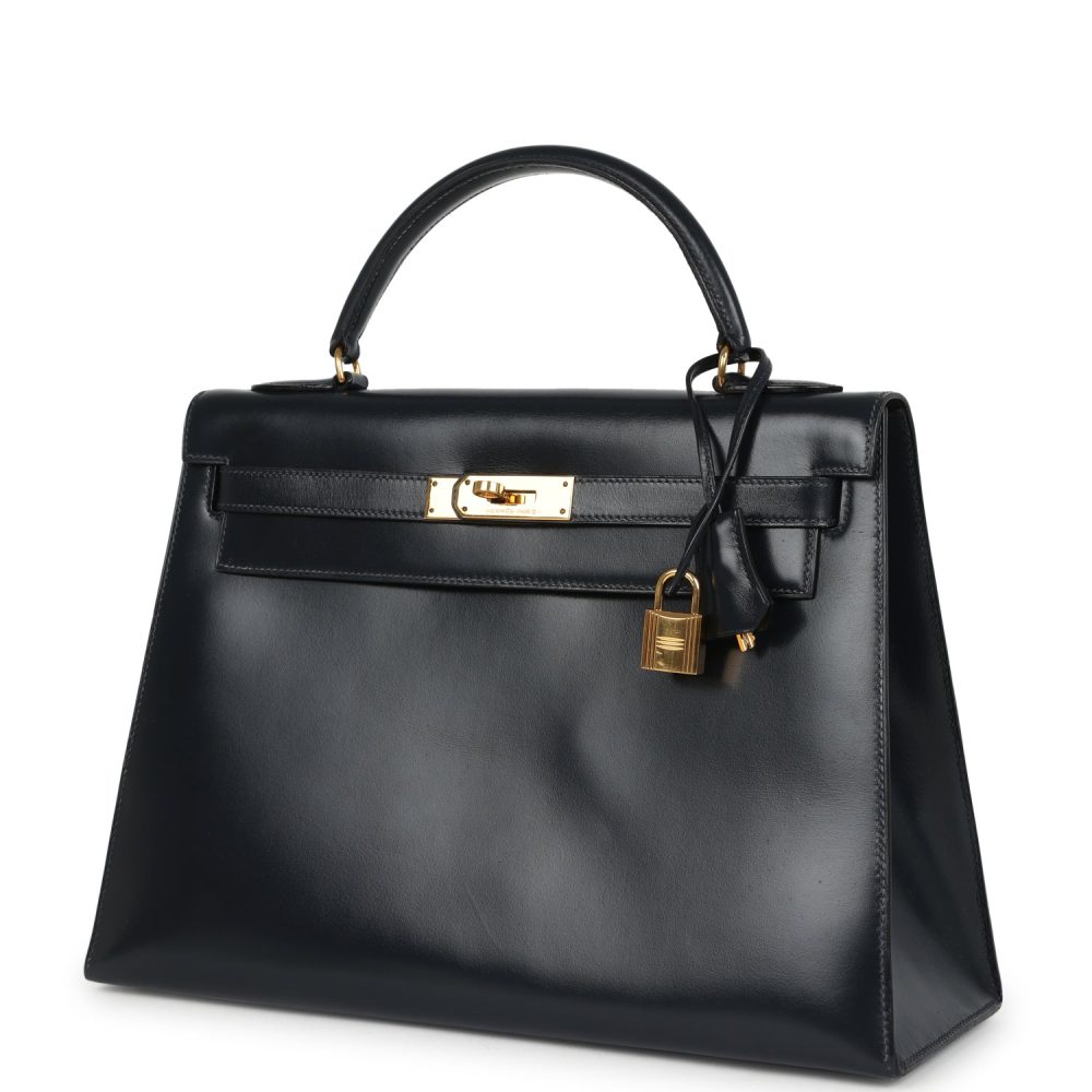 Vintage Hermes Kelly Sellier 32 Bleu Indigo Box Gold Hardware - Image 5