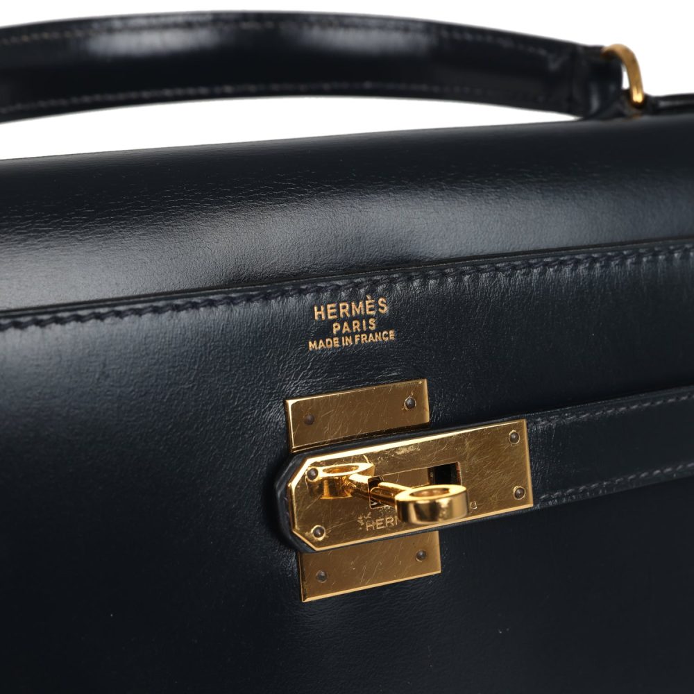 Vintage Hermes Kelly Sellier 32 Bleu Indigo Box Gold Hardware - Image 7