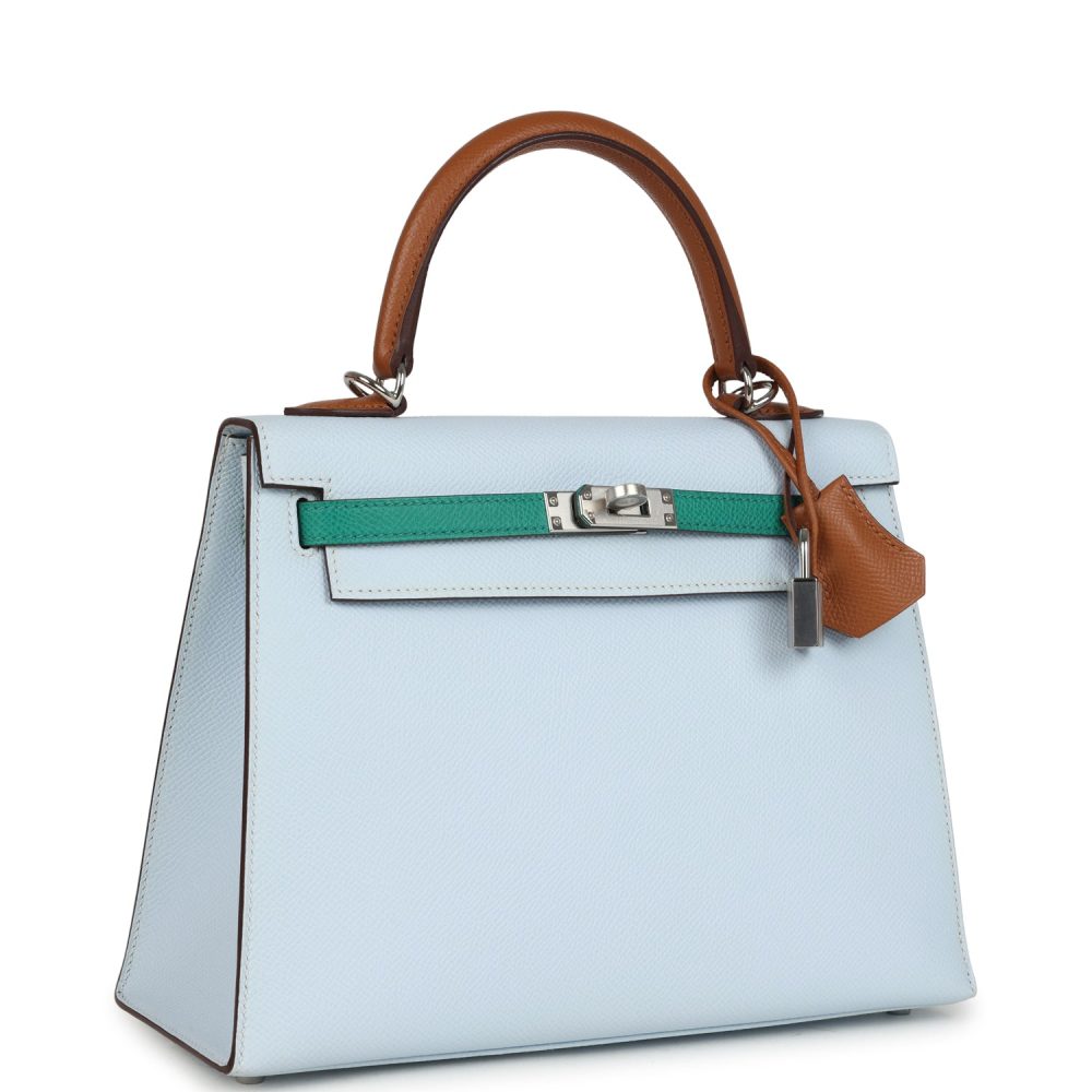 Hermes Kelly Sellier 25 Tri-Color Bleu Brume, Gold and Vert Jade Epsom Epsom Palladium Hardware - Image 2