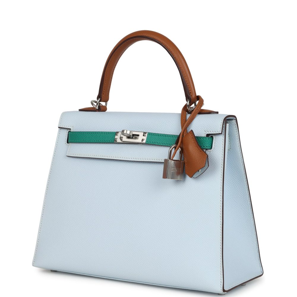 Hermes Kelly Sellier 25 Tri-Color Bleu Brume, Gold and Vert Jade Epsom Epsom Palladium Hardware - Image 5