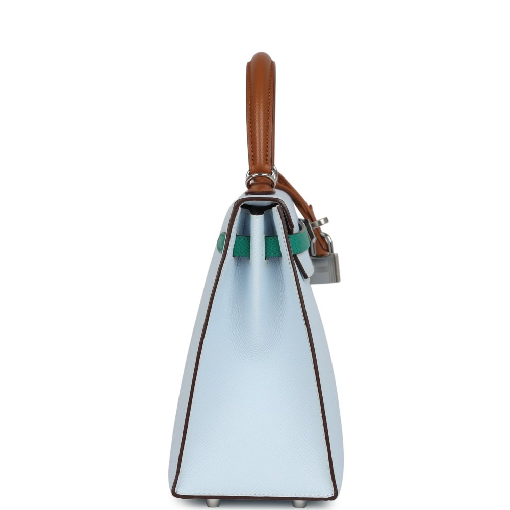 Hermes Kelly Sellier 25 Tri-Color Bleu Brume, Gold and Vert Jade Epsom Epsom Palladium Hardware - Image 3