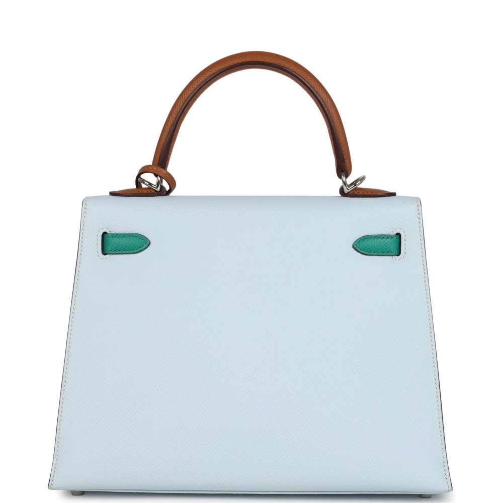 Hermes Kelly Sellier 25 Tri-Color Bleu Brume, Gold and Vert Jade Epsom Epsom Palladium Hardware - Image 4
