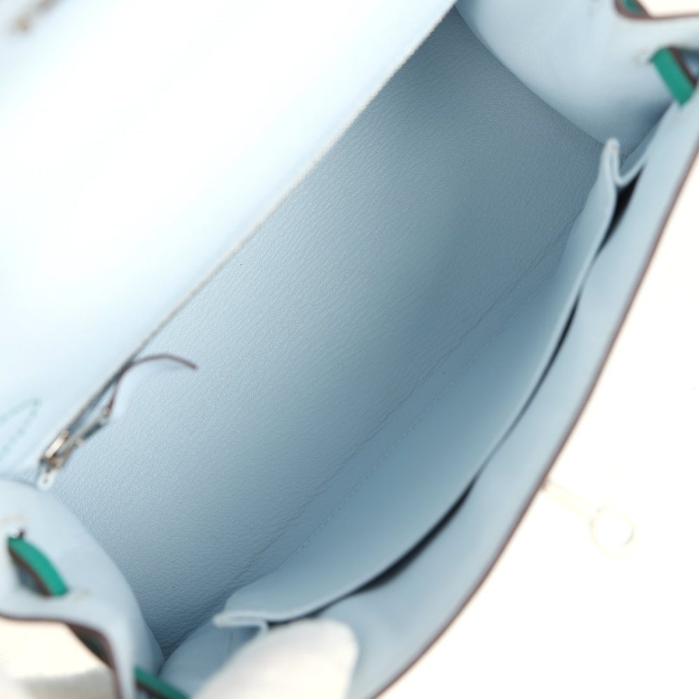Hermes Kelly Sellier 25 Tri-Color Bleu Brume, Gold and Vert Jade Epsom Epsom Palladium Hardware - Image 8