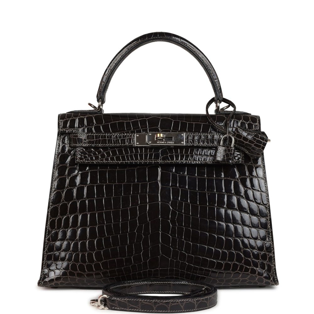 Pre-owned Hermes Kelly Sellier 28 Gris Fonce Shiny Niloticus Crocodile Palladium Hardware