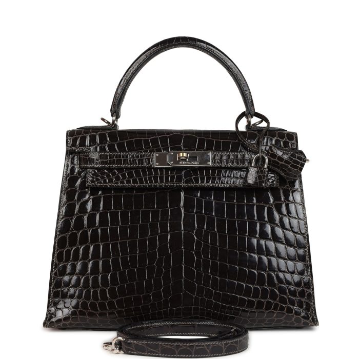 Pre-owned Hermes Kelly Sellier 28 Gris Fonce Shiny Niloticus Crocodile Palladium Hardware