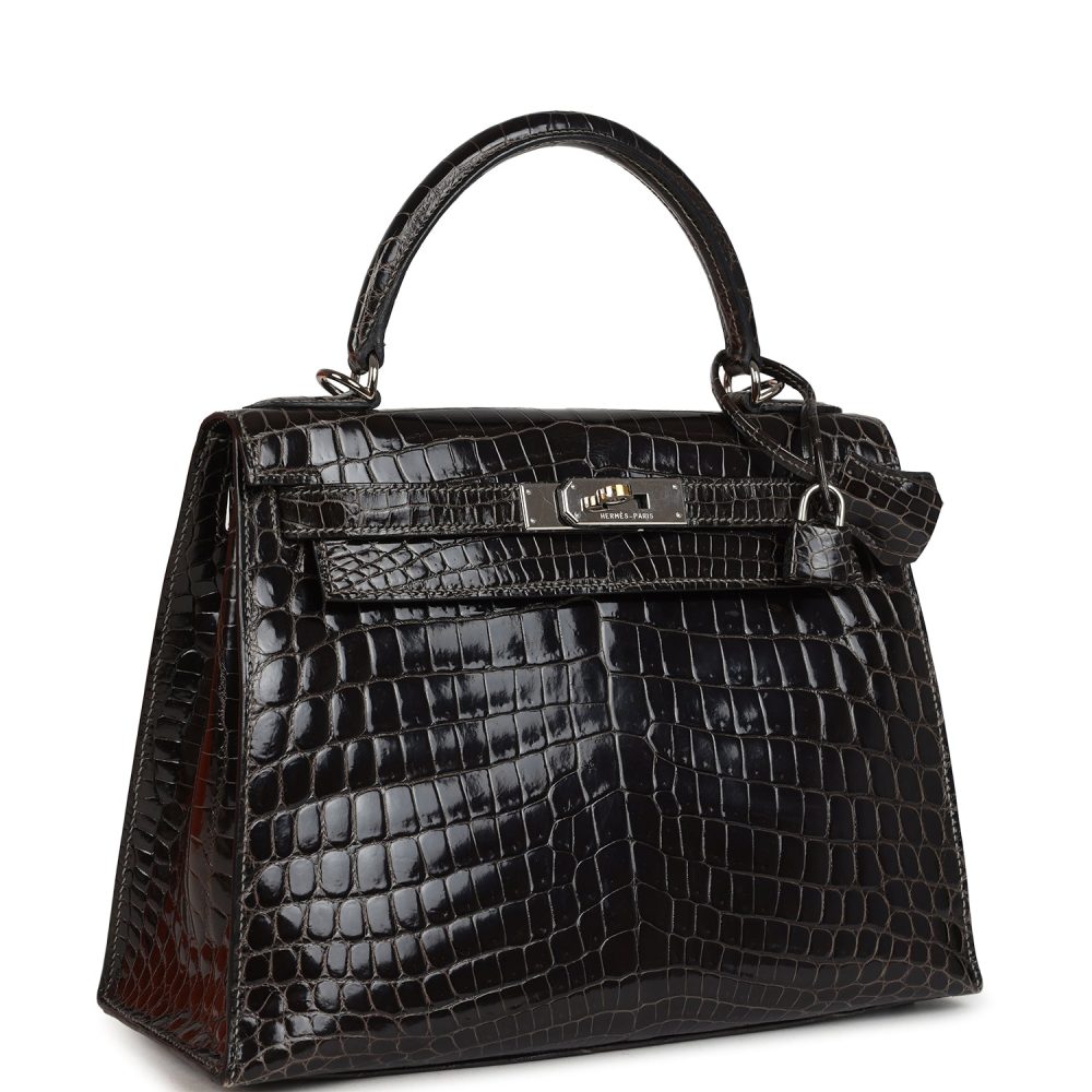 Pre-owned Hermes Kelly Sellier 28 Gris Fonce Shiny Niloticus Crocodile Palladium Hardware - Image 2