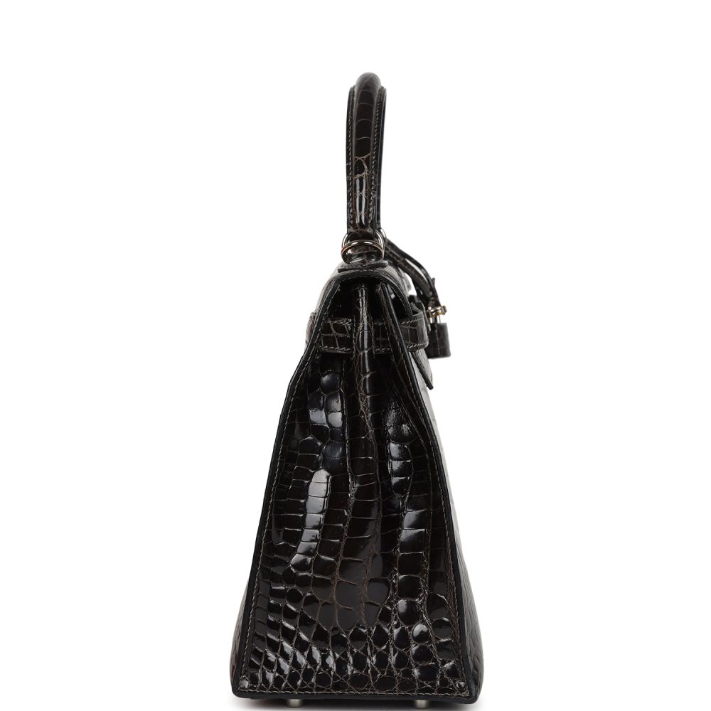 Pre-owned Hermes Kelly Sellier 28 Gris Fonce Shiny Niloticus Crocodile Palladium Hardware - Image 3