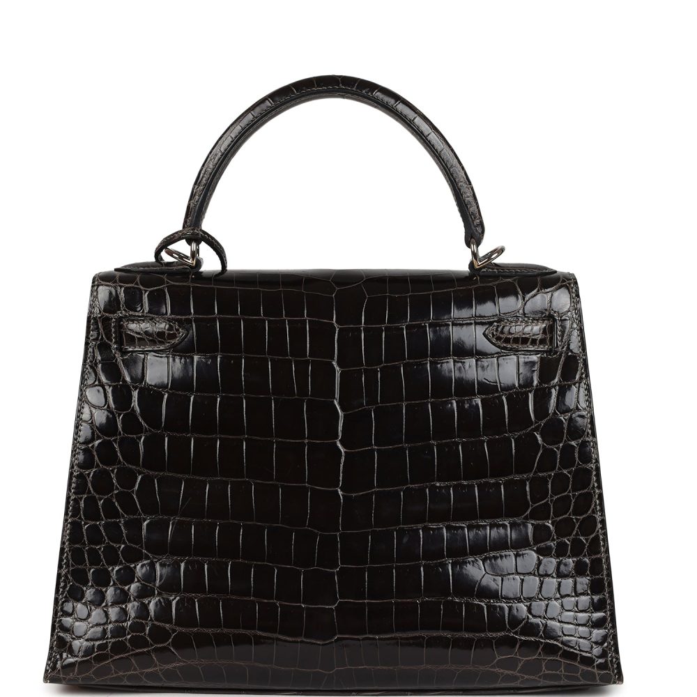 Pre-owned Hermes Kelly Sellier 28 Gris Fonce Shiny Niloticus Crocodile Palladium Hardware - Image 4