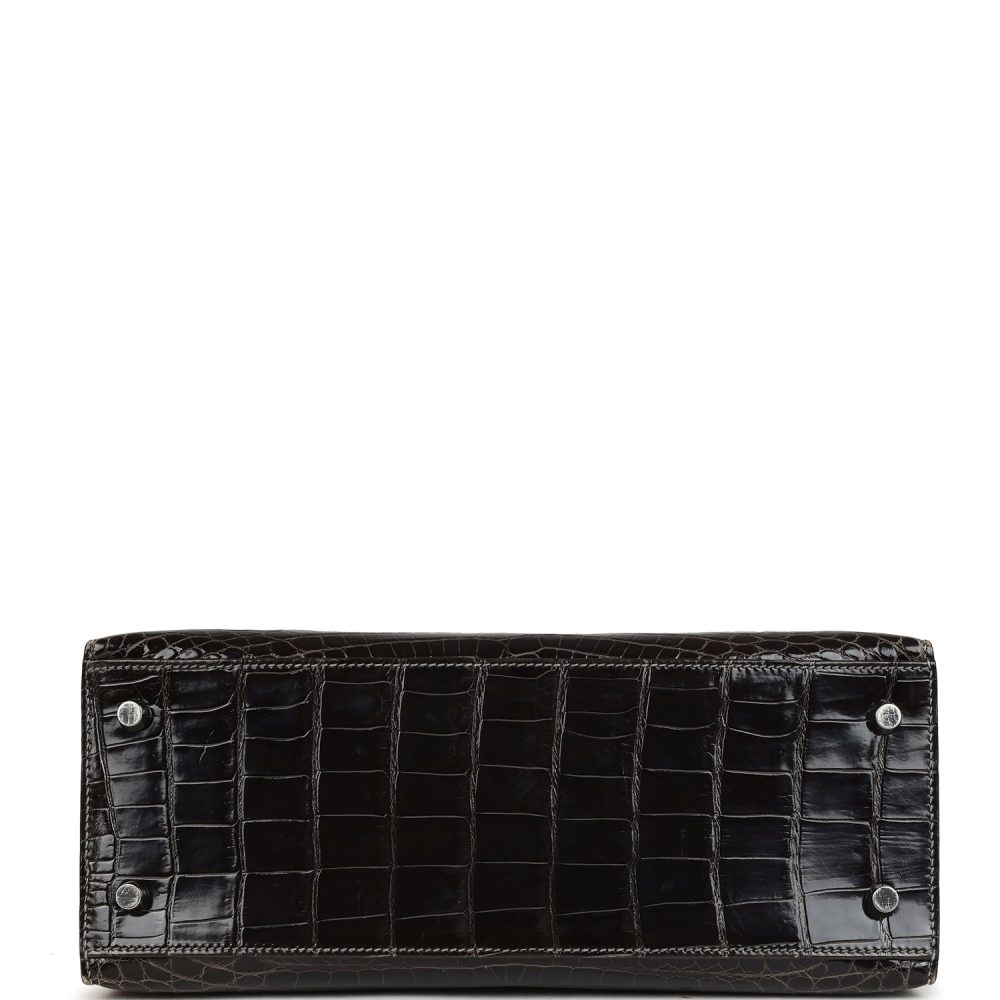 Pre-owned Hermes Kelly Sellier 28 Gris Fonce Shiny Niloticus Crocodile Palladium Hardware - Image 6