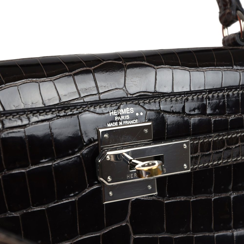 Pre-owned Hermes Kelly Sellier 28 Gris Fonce Shiny Niloticus Crocodile Palladium Hardware - Image 7