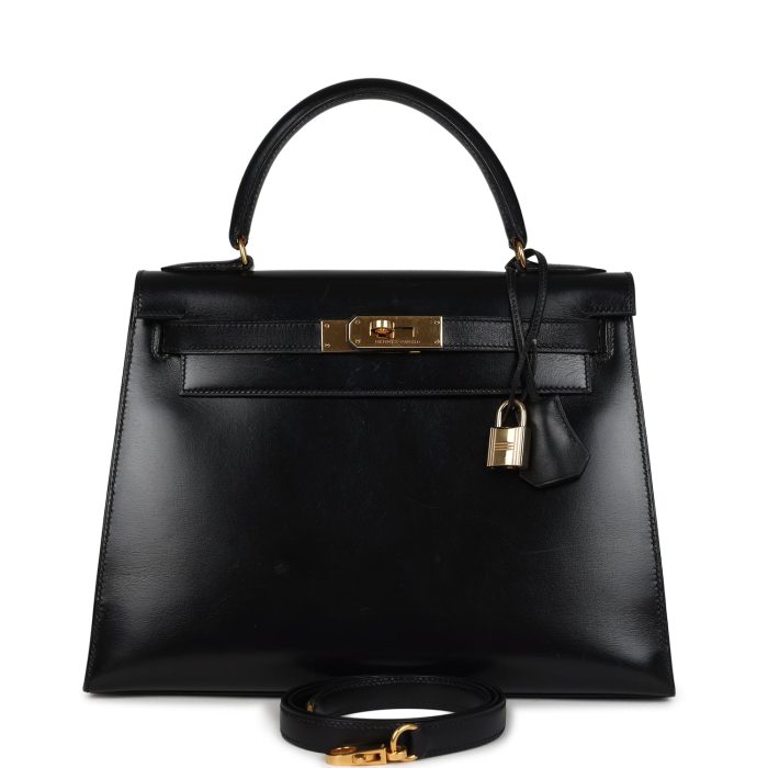 Vintage Hermes Kelly Sellier 28 Black Box Gold Hardware