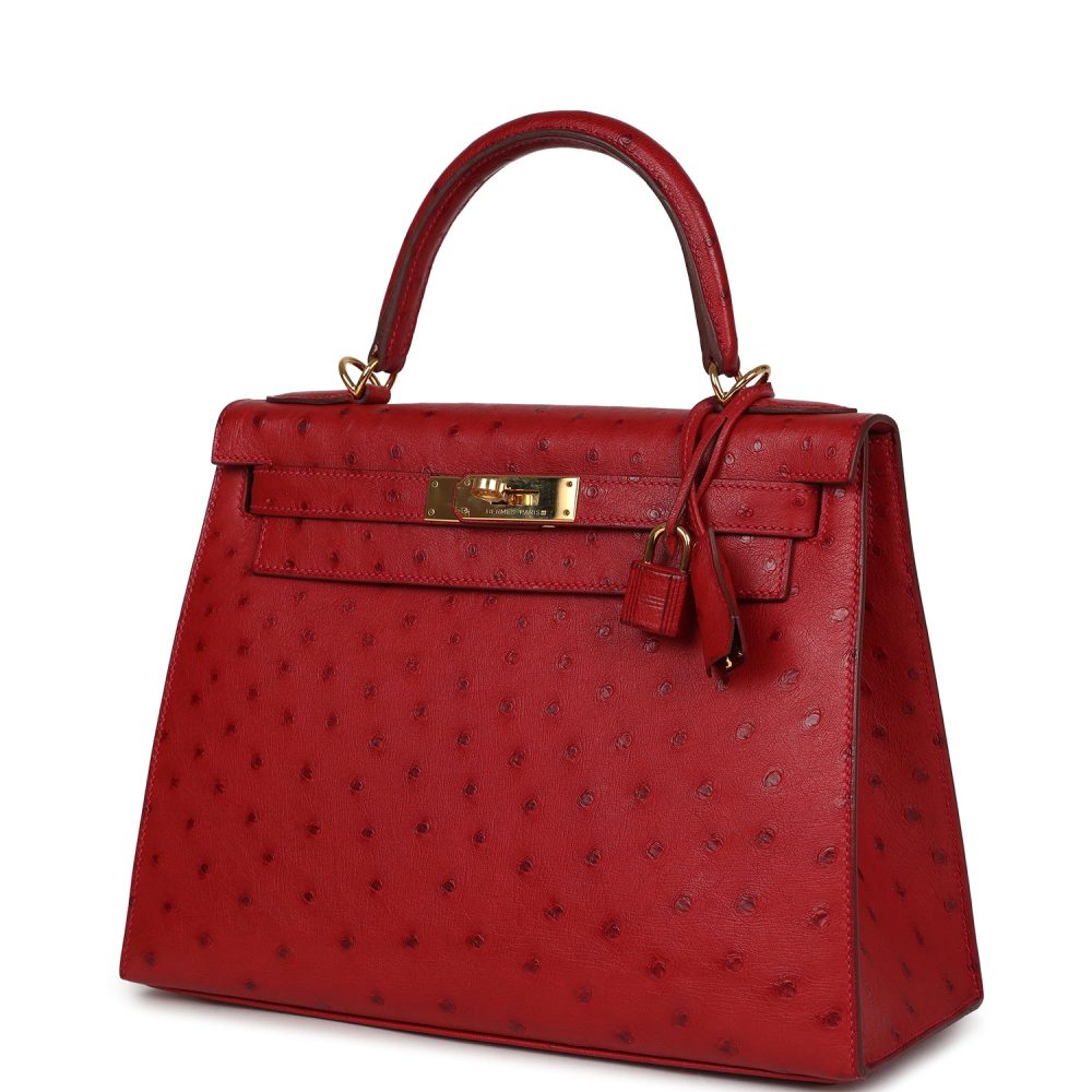 Pre-owned Hermes Kelly Sellier 28 Rouge Vif Ostrich Gold Hardware - Image 5
