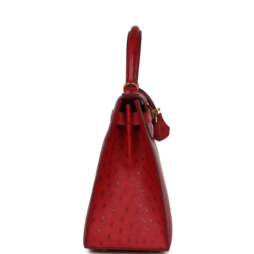 Pre-owned Hermes Kelly Sellier 28 Rouge Vif Ostrich Gold Hardware - Image 3