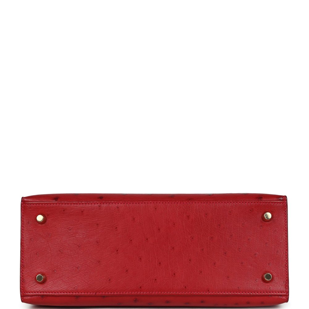 Pre-owned Hermes Kelly Sellier 28 Rouge Vif Ostrich Gold Hardware - Image 6