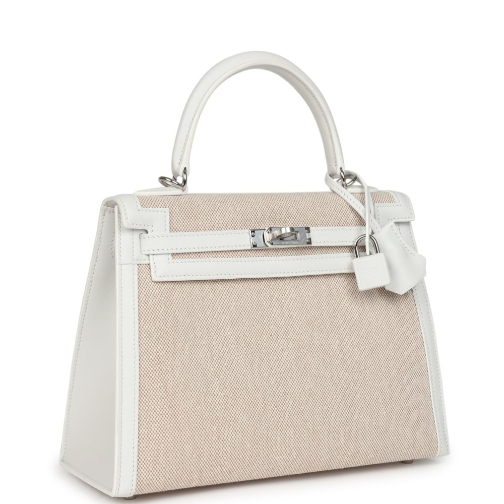 Hermes Kelly Sellier 25 New White Swift and Ecru-Beige Toile H Canvas Palladium Hardware - Image 2