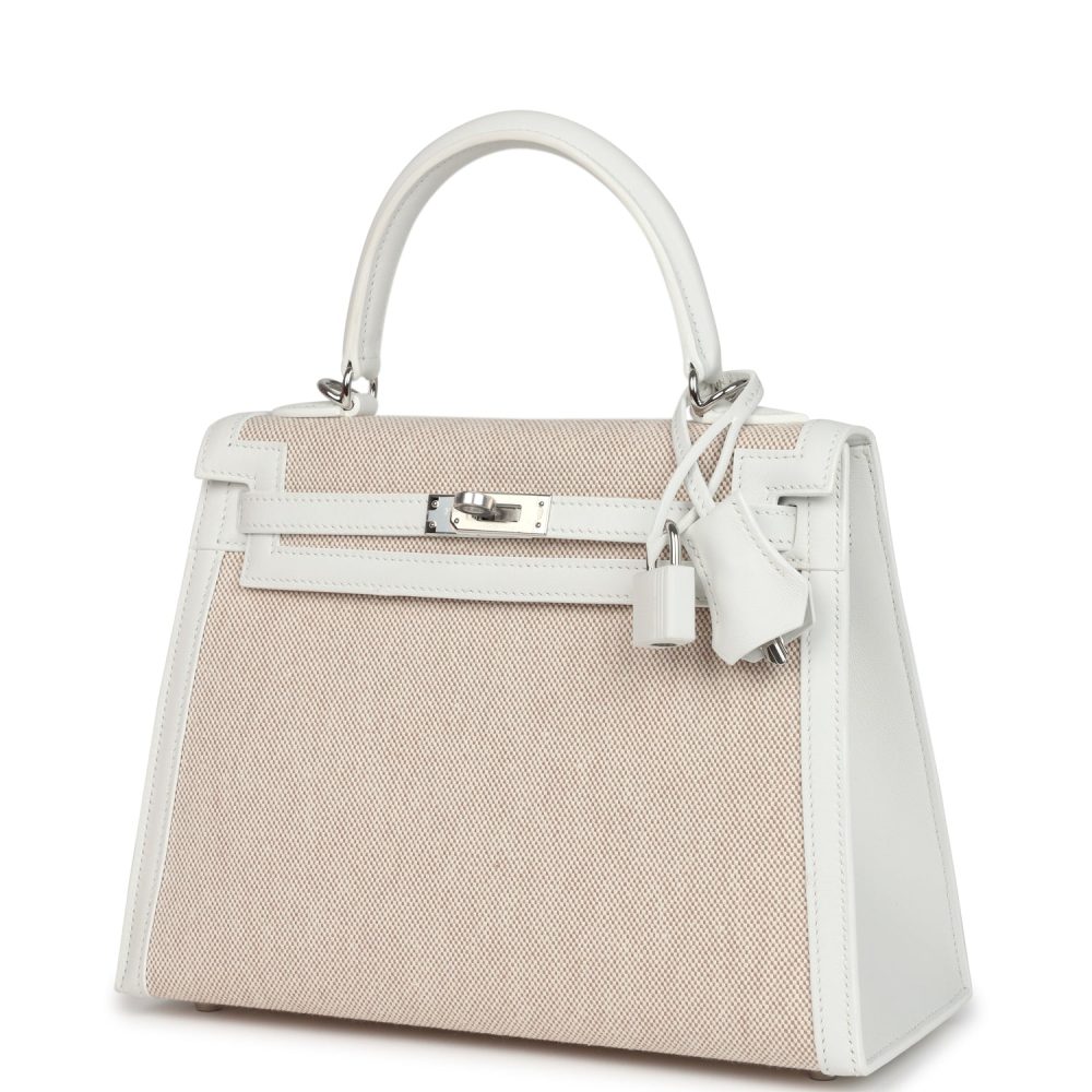 Hermes Kelly Sellier 25 New White Swift and Ecru-Beige Toile H Canvas Palladium Hardware - Image 5