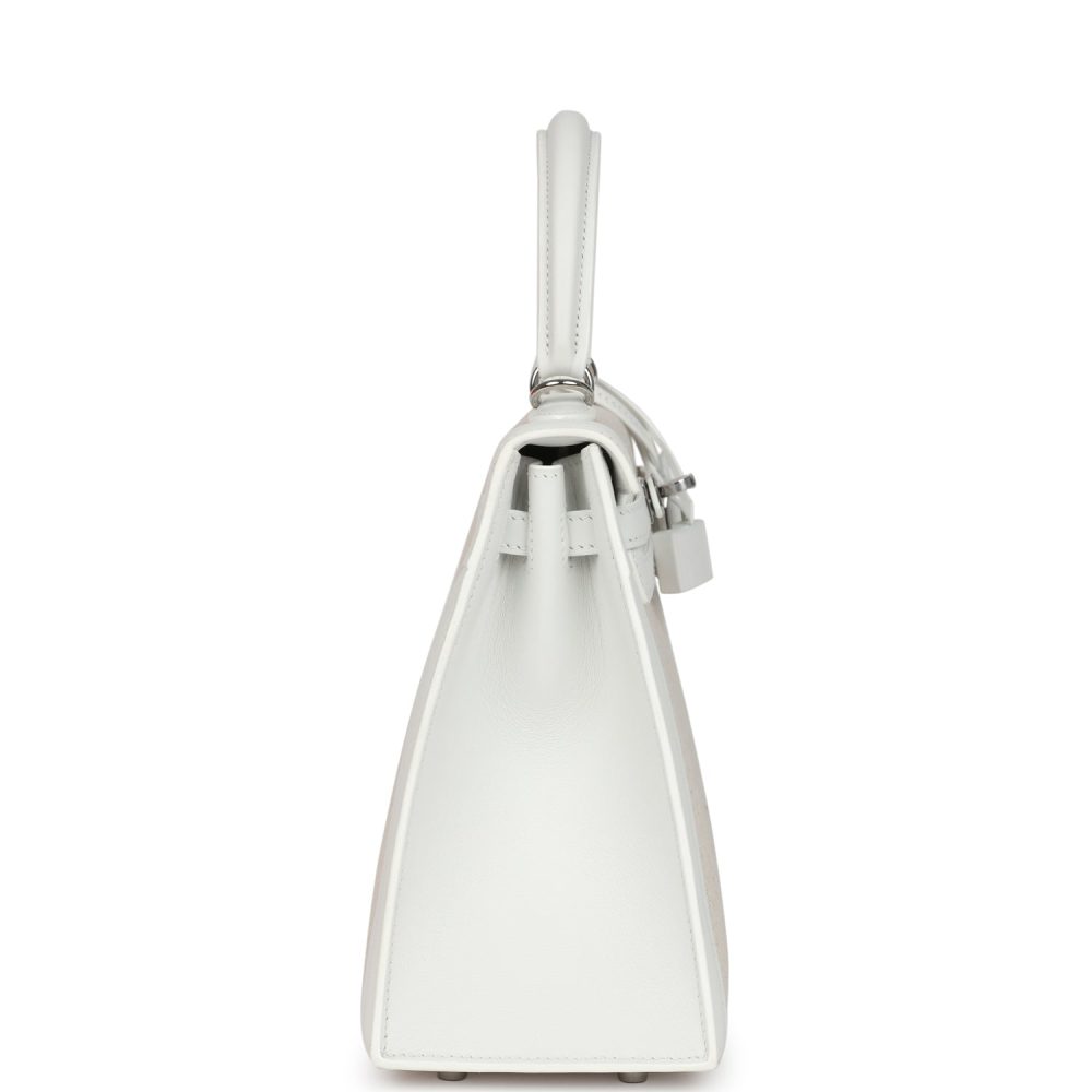 Hermes Kelly Sellier 25 New White Swift and Ecru-Beige Toile H Canvas Palladium Hardware - Image 3