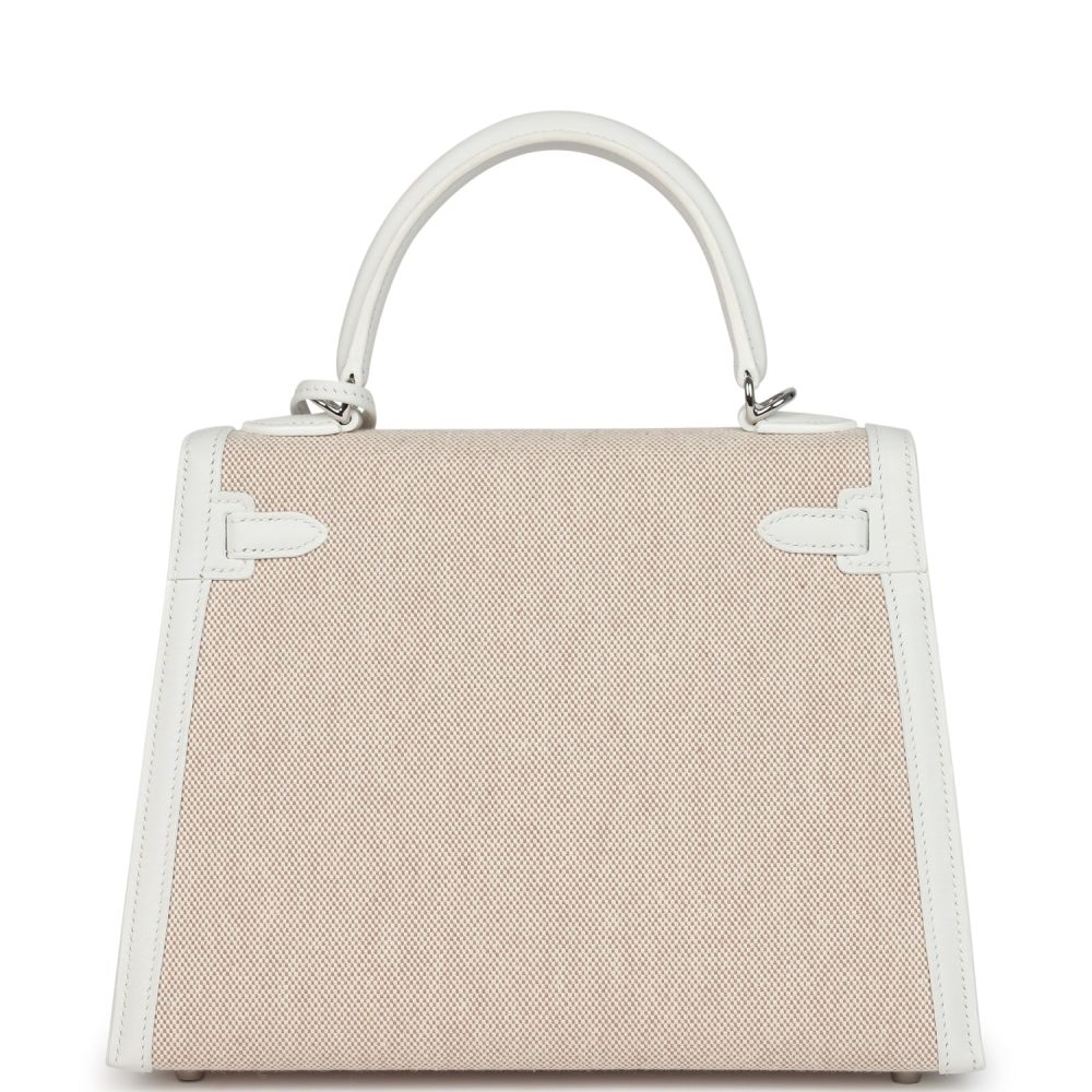 Hermes Kelly Sellier 25 New White Swift and Ecru-Beige Toile H Canvas Palladium Hardware - Image 4