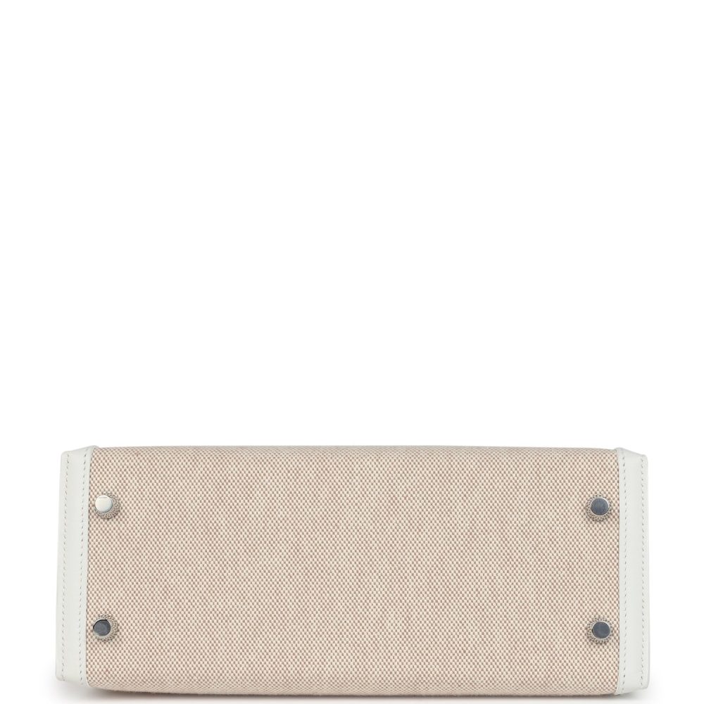 Hermes Kelly Sellier 25 New White Swift and Ecru-Beige Toile H Canvas Palladium Hardware - Image 6