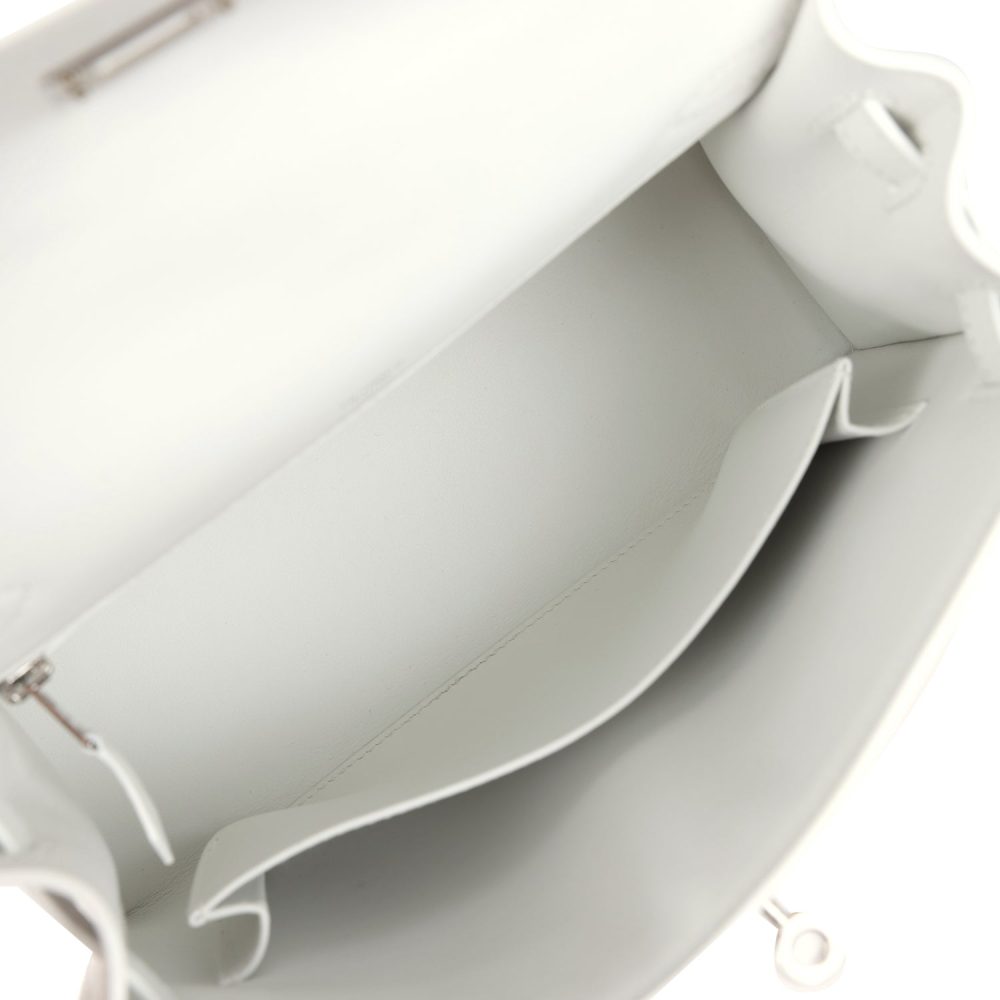Hermes Kelly Sellier 25 New White Swift and Ecru-Beige Toile H Canvas Palladium Hardware - Image 8