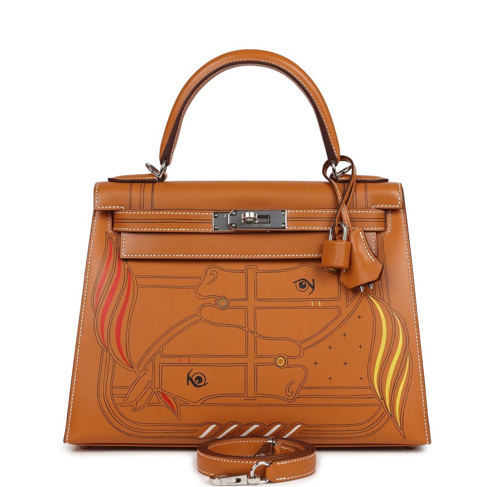 Hermes Kelly Sellier 28 "Painted Quadrige" Naturel Sable Butler Palladium Hardware