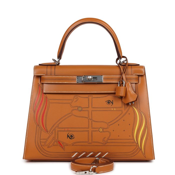 Hermes Kelly Sellier 28 "Painted Quadrige" Naturel Sable Butler Palladium Hardware