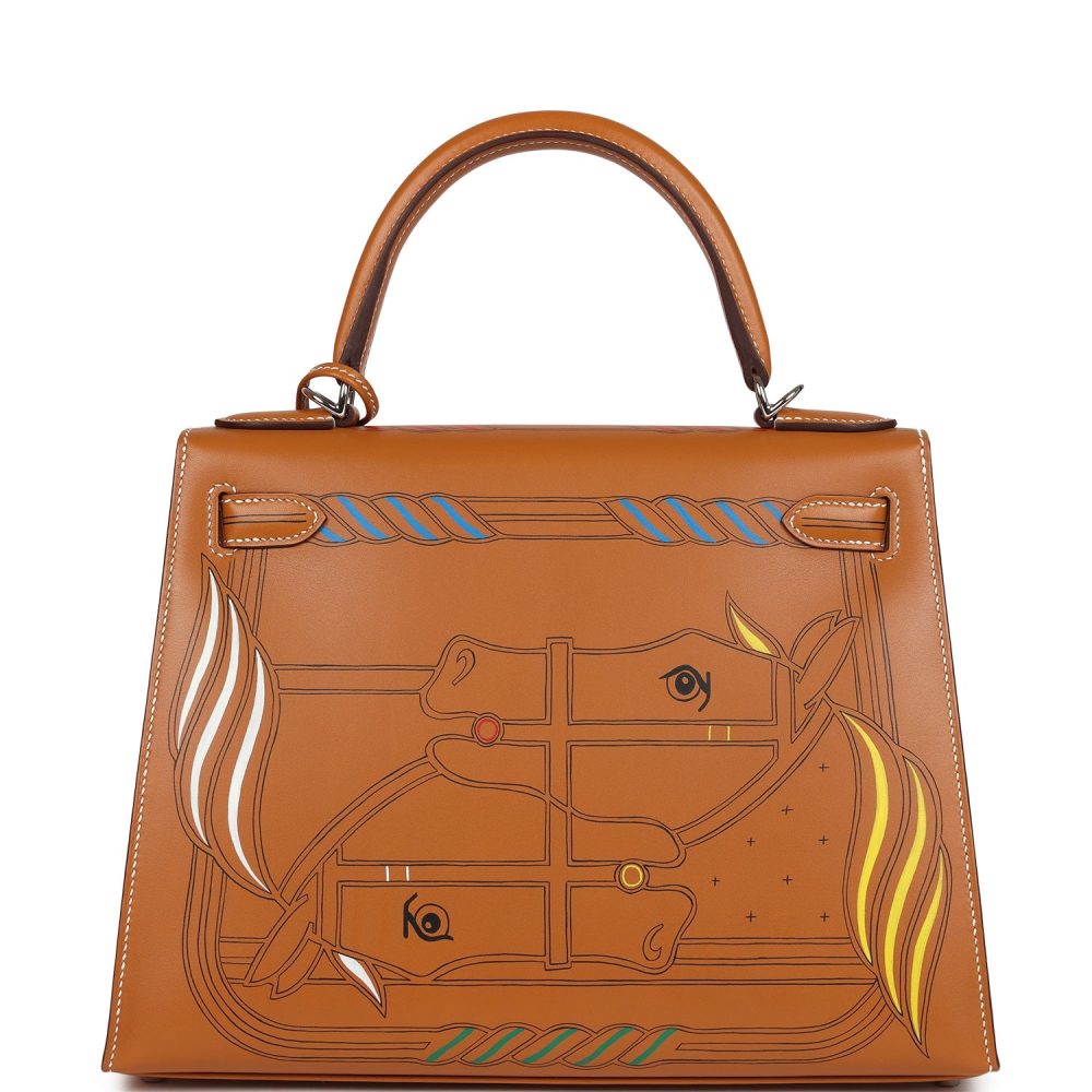 Hermes Kelly Sellier 28 "Painted Quadrige" Naturel Sable Butler Palladium Hardware - Image 4