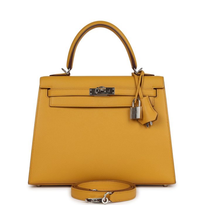 Pre-owned Hermes Kelly Sellier 25 Jaune Ambre Epsom Palladium Hardware