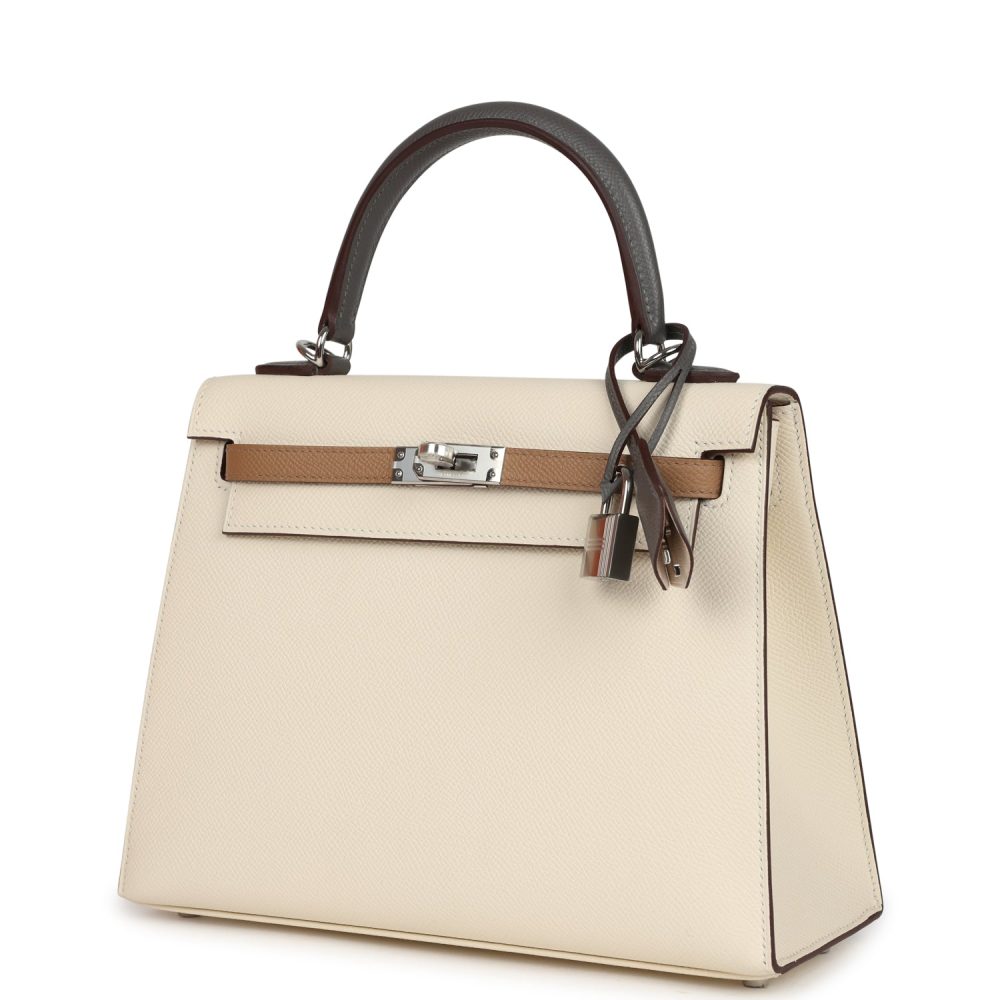 Hermes Kelly Sellier 25 Tri-Color Nata, Gris Meyer and Chai Epsom Palladium Hardware - Image 5
