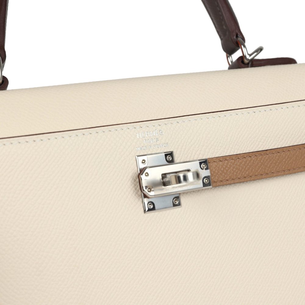 Hermes Kelly Sellier 25 Tri-Color Nata, Gris Meyer and Chai Epsom Palladium Hardware - Image 7