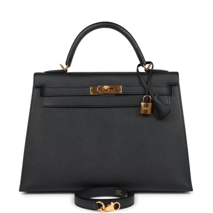 Pre-owned Hermes Kelly Sellier 32 Black Epsom Gold Hardware