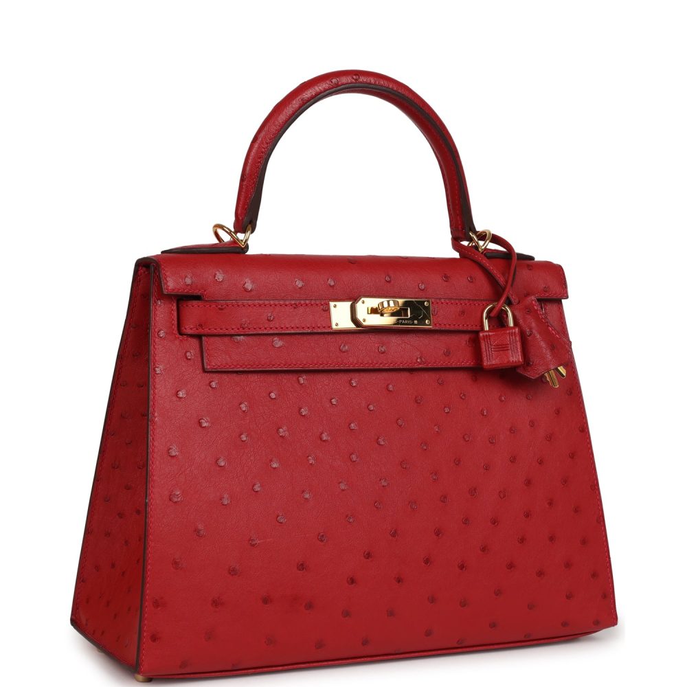 Pre-owned Hermes Kelly Sellier 28 Rouge Vif Ostrich Gold Hardware - Image 2