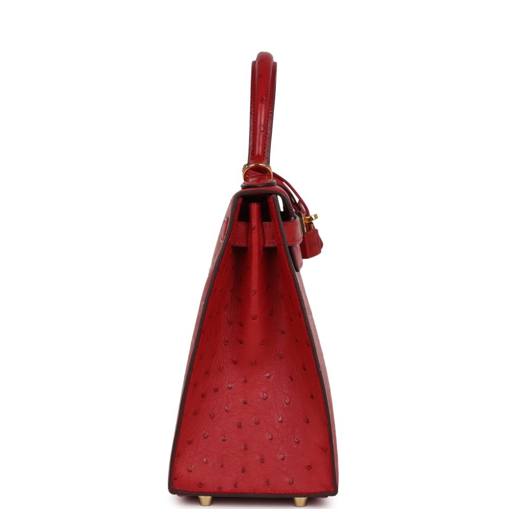 Pre-owned Hermes Kelly Sellier 28 Rouge Vif Ostrich Gold Hardware - Image 3