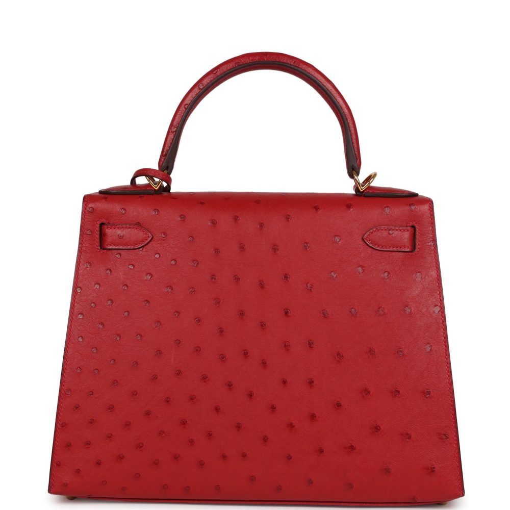 Pre-owned Hermes Kelly Sellier 28 Rouge Vif Ostrich Gold Hardware - Image 4