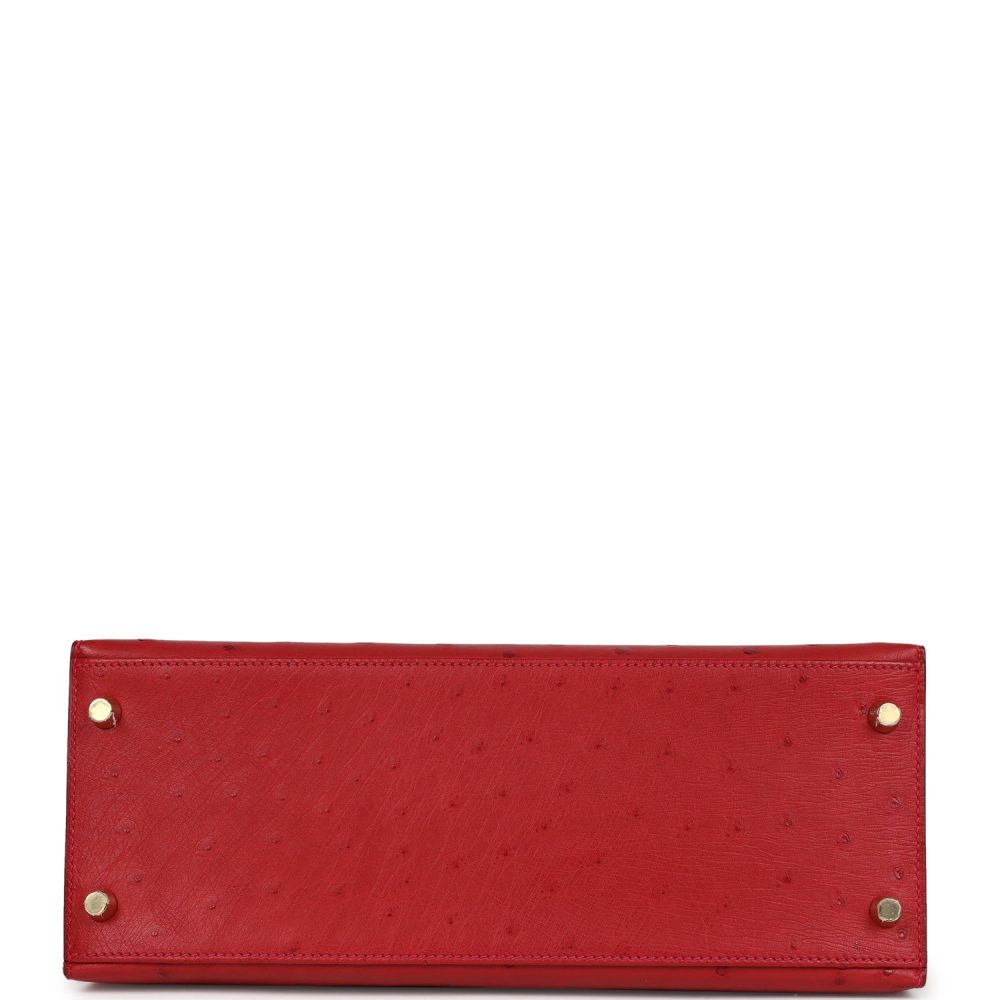 Pre-owned Hermes Kelly Sellier 28 Rouge Vif Ostrich Gold Hardware - Image 6