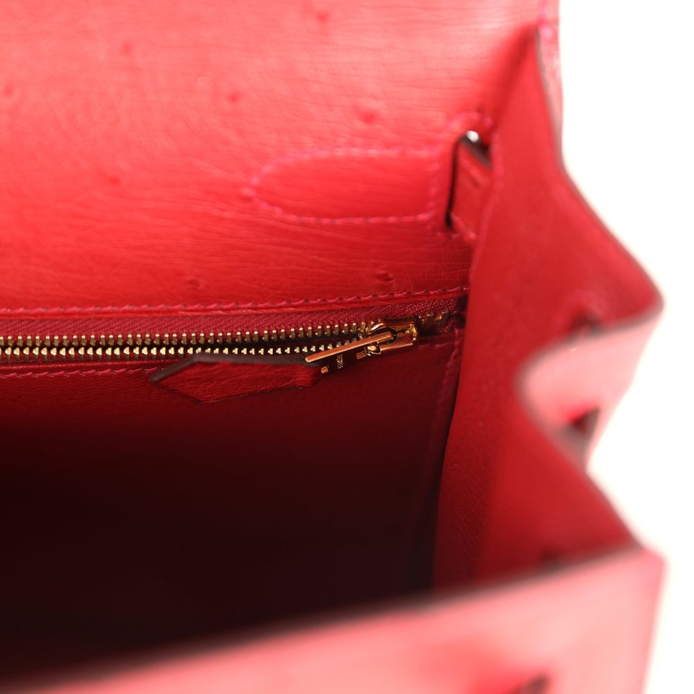 Pre-owned Hermes Kelly Sellier 28 Rouge Vif Ostrich Gold Hardware - Image 9