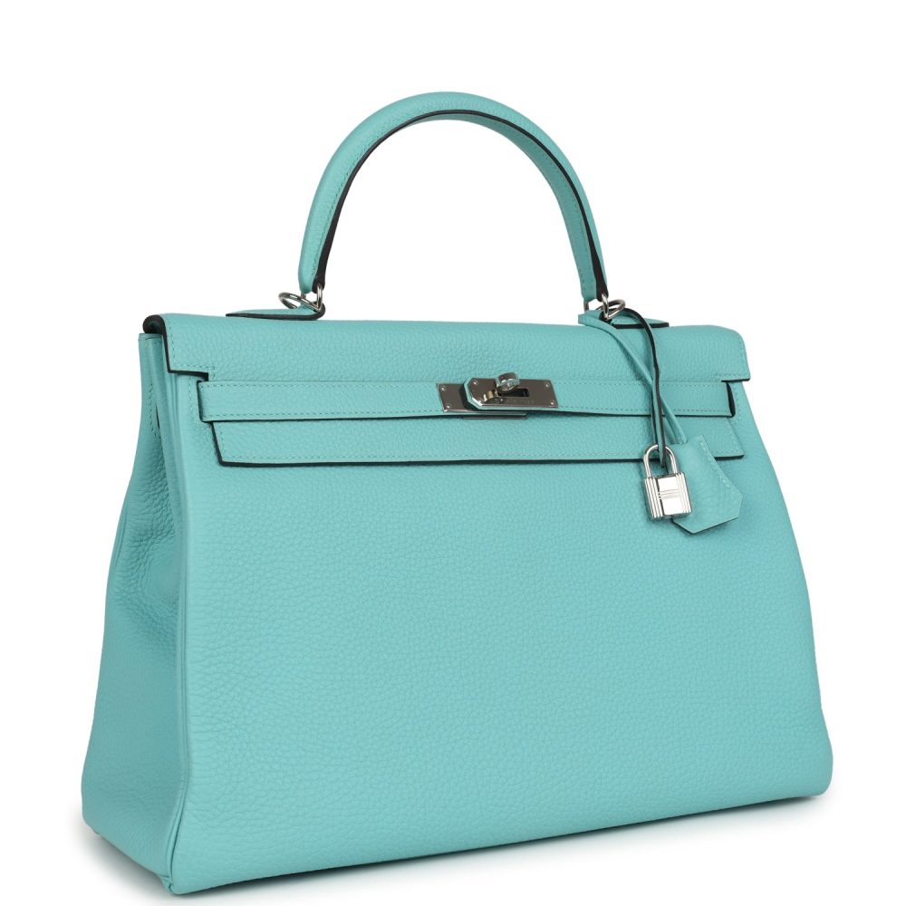 Pre-owned Hermes Kelly Retourne 35 Bleu Atoll Clemence Palladium Hardware - Image 2