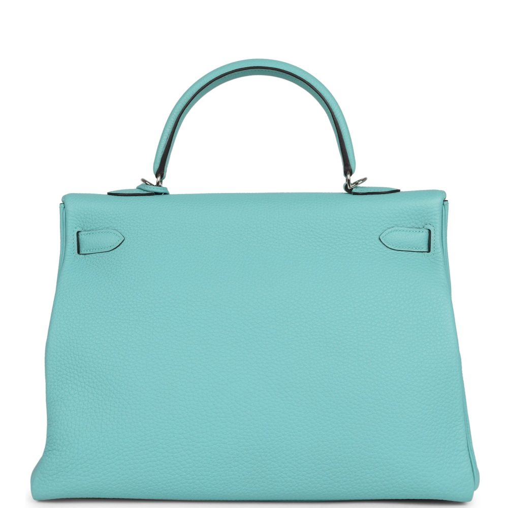 Pre-owned Hermes Kelly Retourne 35 Bleu Atoll Clemence Palladium Hardware - Image 4