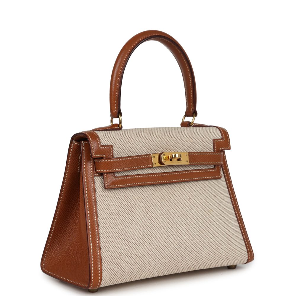 Vintage Hermes Kelly Sellier 20 Gold Courchevel and Ecru-Beige Toile H Canvas Gold Hardware - Image 2