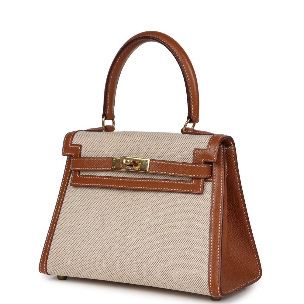 Vintage Hermes Kelly Sellier 20 Gold Courchevel and Ecru-Beige Toile H Canvas Gold Hardware - Image 5
