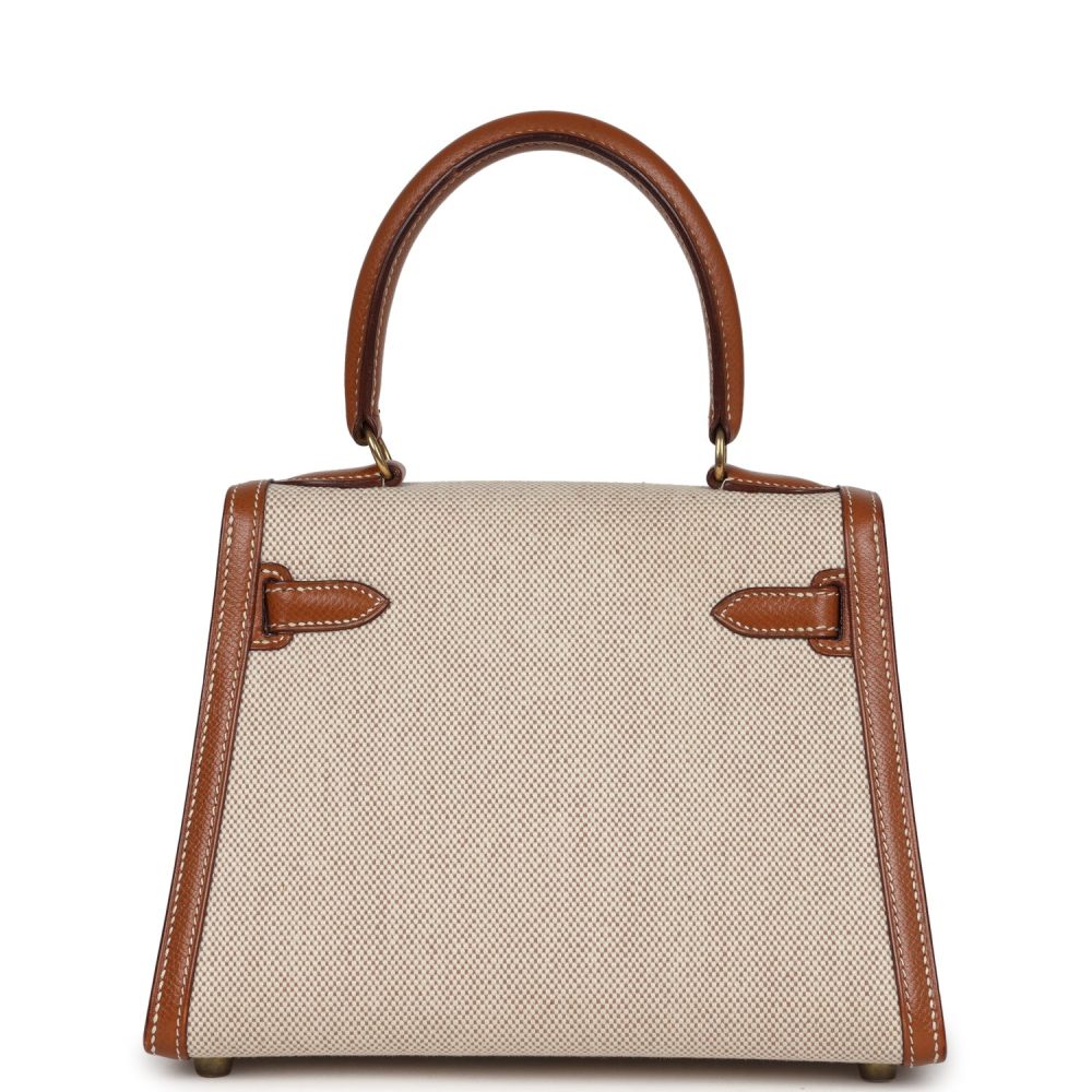 Vintage Hermes Kelly Sellier 20 Gold Courchevel and Ecru-Beige Toile H Canvas Gold Hardware - Image 4