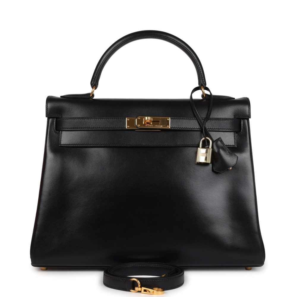 Vintage Hermes Kelly Retourne 32 Black Box Gold Hardware